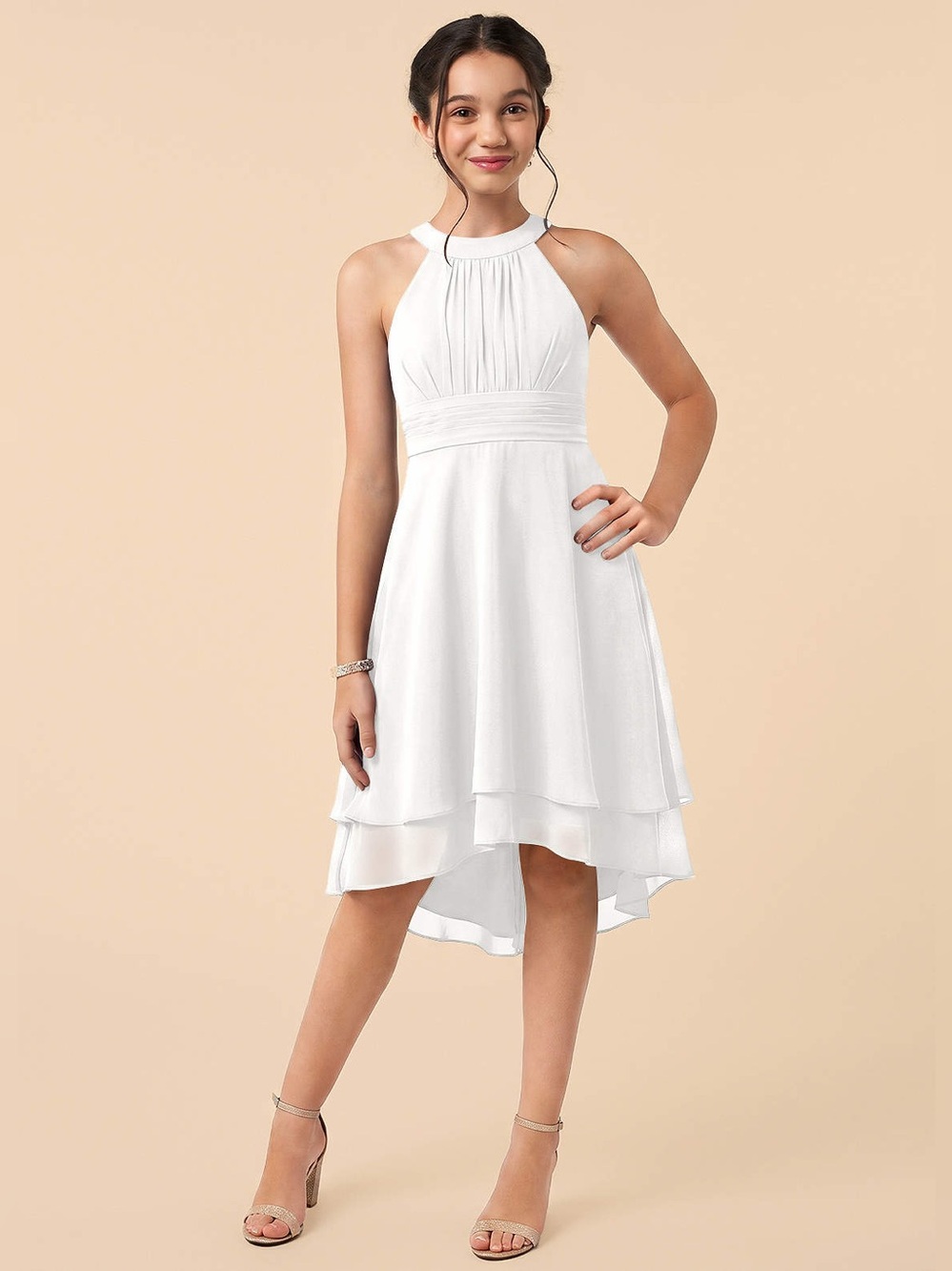 Azazie Linna Junior White A-Line Pleated Chiffon Dress. Read!